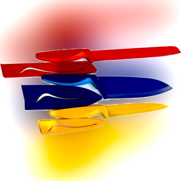 VTG RARE KUHN RIKON SET OF 3 NONSTICK BLADE KNIVES RED BLUE YELLOW 10” 11” 12” - Picture 6 of 10